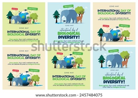 Set of Biological Diversity banners, post. World Day of Biological diversity celebration banners, posts, cards templates with different living species: elephant, trees, birds, flowers. 22nd May 2024.