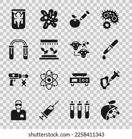 Set Biological structure, Syringe, Pipette, Genetically modified apple, Automatic irrigation sprinklers, Test tube and flask, Experimental animal and Cloning icon. Vector