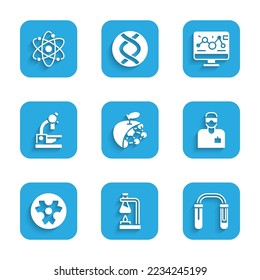 Set Biological structure, Test tube flask on fire, and, Laboratory assistant, Biohazard symbol, Microscope, Genetic engineering modification and Atom icon. Vector