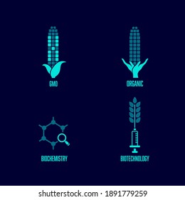 set of biological technology concept comprise of GMO, organic, biochemistry and biotechnology