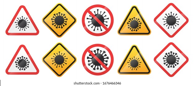 Set of Biological Virus Alert Signs. Coronavirus COVID-19 Warning Symbol Isolated on White Background. Vector Illustration