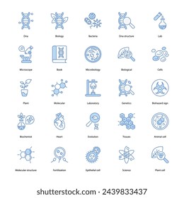 set of biology icons such as dna, biochemistry, bio technology, biology book, dna test, human research, vector illustration