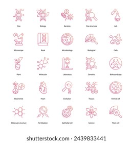 set of biology icons such as dna, biochemistry, bio technology, biology book, dna test, human research, vector illustration