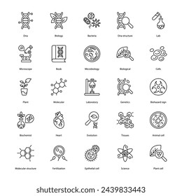 set of biology icons such as dna, biochemistry, bio technology, biology book, dna test, human research, vector illustration