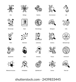 set of biology icons such as dna, biochemistry, bio technology, biology book, dna test, human research, vector illustration