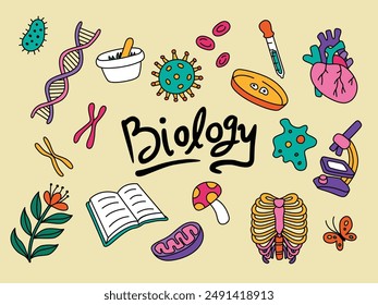 set of biology vector flat illustration. Bundle of biology doodles for school.