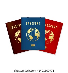 Set of Biometric blue brown and red passports cover. Identity document with digital id. Golden text passport and global map with microchip. Vector illustration isolated on white background
