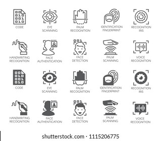 Set of biometric buttons. 10 icons in linear and glyph designs. Authorization, identification and verification symbols. Fingerprint recognition, eye and palm scanning, face and voice authentication