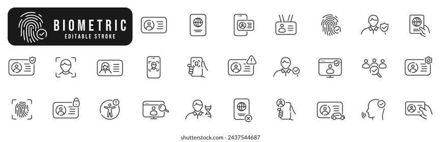 Set of biometric line icons. Identity, acces, passport, id card, verification etc. Editable stroke