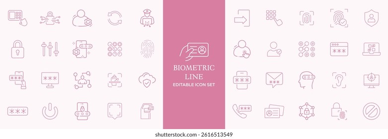 Set of biometric line icons. Identity, acces, passport, id card, verification etc. Editable stroke