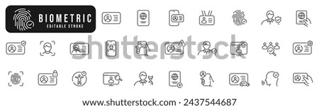 Set of biometric line icons. Identity, acces, passport, id card, verification etc. Editable stroke