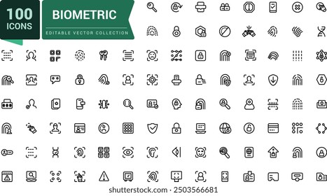 Conjunto de iconos de línea biométrica relacionados con la protección de datos, seguridad cibernética, privacidad. Ilustración de trazo de Vector editable simple.