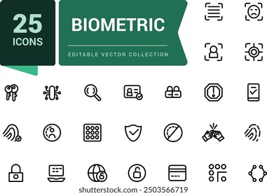 Set of biometric line icons related to data protection, cyber security, privacy. Simple editable vector stroke illustration.