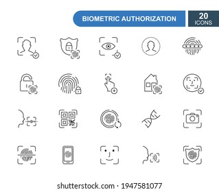 Set of biometric thin line icons. Fingerprint, face id, voice recognition, DNA, eye scan. Line icons of identity biometric verification sign. Vector. Editable Stroke.