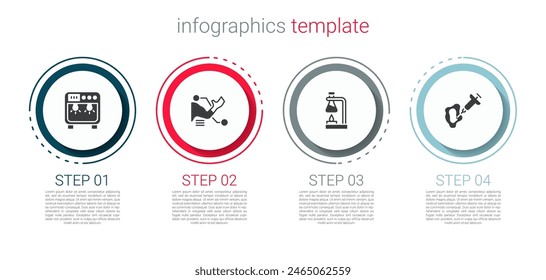 Set Biosafety box, Prosthesis hand, Test tube flask on fire and Syringe. Business infographic template. Vector