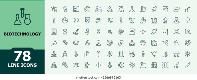 Set of Biotechnology line icons. Includes icons for scientific, innovation, scientist, experiment, microscope, interaction, science. Minimalist editable vector icon and illustration.