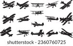 Set of biplane Silhouettes, isolated vector of old aeroplane 
