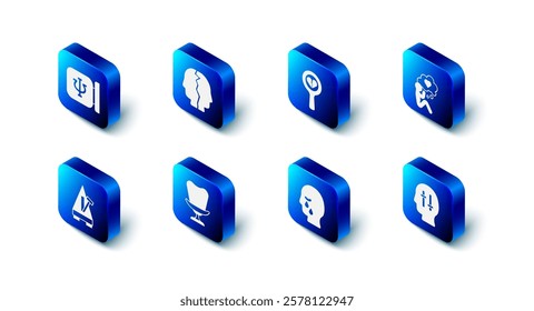 Set Bipolar disorder, Broken heart divorce, Head with, Solution to the problem, Man graves funeral sorrow, Armchair, Metronome pendulum and Psychology, Psi icon. Vector