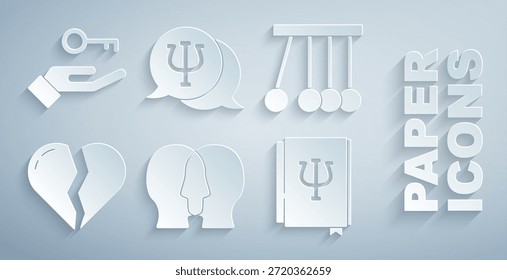 Set Bipolar disorder, Pendulum, Broken heart divorce, Psychology book, Psi, Psychology, and Solution to the problem icon. Vector