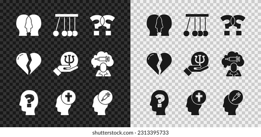 Set Bipolar disorder, Pendulum, Question mark, Head with question, Man graves funeral sorrow, Addiction to the drug, Broken heart divorce and Psychology, Psi icon. Vector