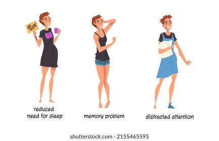 Conjunto de síntomas de trastorno bipolar. Menor necesidad de sueño, problema de memoria, ilustración vectorial de dibujos animados de atención distraída