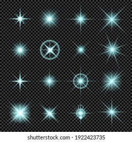 Set of birch light effects, isolated on transparent background. Glowing lights, bright stars, flashes of light. Vector illustration