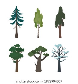 Set of birch, oak, spruce and winter tree in the snow. Green and brown symbol of nature, forest plants. Vector flat illustration
