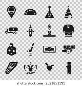 Set Birch tree, Cannon, Kosovorotka, Balalaika, Rocket ship, Tanker truck, Location Russia and Slavic pagan idol icon. Vector