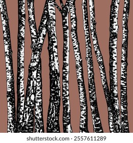 Set of Birch tree pattern. Vector birch or aspen trees with leaves. Hand draw realistic trees. Grove background. Pattern suitable for laser cutting or print, design on a brown background.