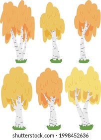 Set of birch trees in cartoon style isolated on white background vector illustrstion