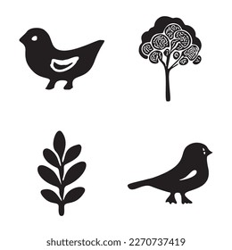 Set of bird and botanical vector motif. Collection of garden wildlife and woodland songbirds.