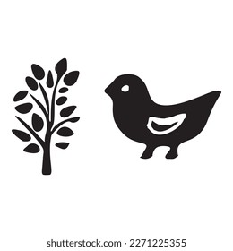 Set of bird and botanical vector motif. Collection of garden wildlife and woodland songbirds.