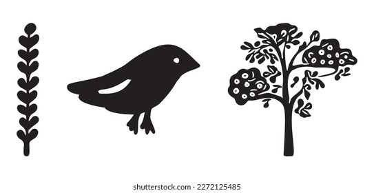Set of bird and botanical vector motif. Collection of garden wildlife and woodland songbirds.