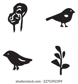 Set of bird and botanical vector motif. Collection of garden wildlife and woodland songbirds.