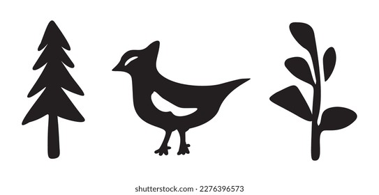 Set of bird and botanical vector motif. Collection of garden wildlife and woodland songbirds.