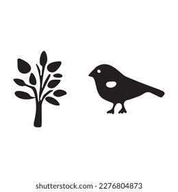 Set of bird and botanical vector motif. Collection of garden wildlife and woodland songbirds.