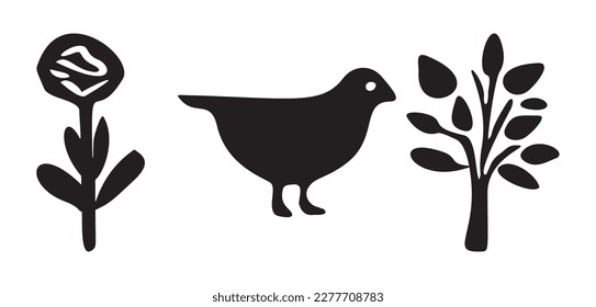 Set of bird and botanical vector motif. Collection of garden wildlife and woodland songbirds.