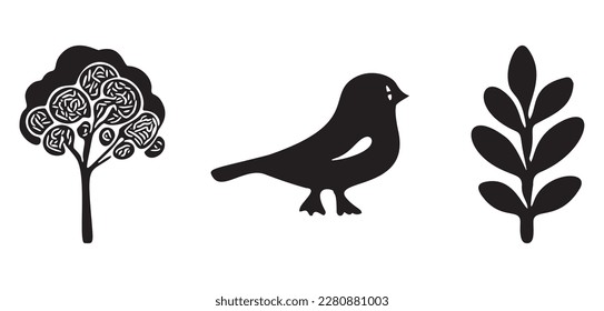 Set of bird and botanical vector motif. Collection of garden wildlife and woodland songbirds.