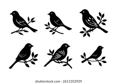 A set of bird with branch silhouette vector art illustration