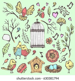 Set bird cage, birdhouse, nest, flowers. branch. 