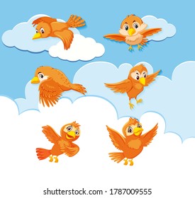Set of bird character on sky background illustration