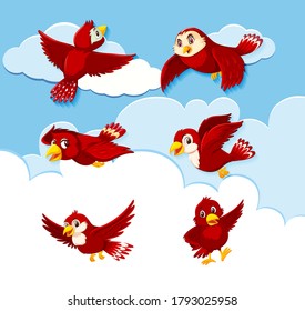 Juego de caracteres de pájaro en la ilustración de fondo del cielo