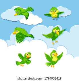 Set of bird character on sky background illustration