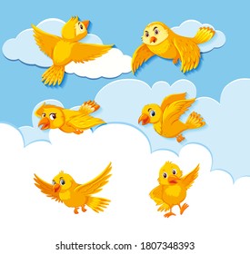 Set of bird character on sky background illustration