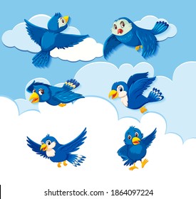Set of bird character on sky background illustration