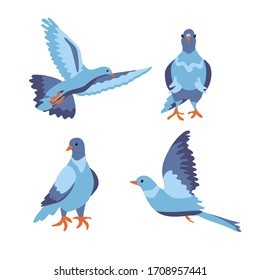 Set of bird dove icon flying in sky and sitting. Flat cartoon character design. Cute peace pigeon silhouette template. Vector illustration isolated on white background.