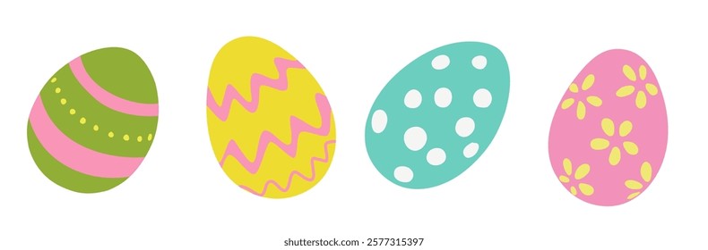 Set of bird eggs silhouette decorated with color pattern isolated on white. Abstract beautiful, patterned bird eggs for Easter Day or spring holiday decoration. Vector stock illustration.