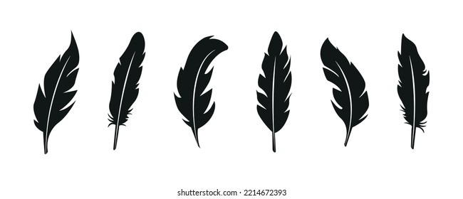 Set of bird feather black silhouettes. Plumelet collection. Vector of black feather, isolated on white background