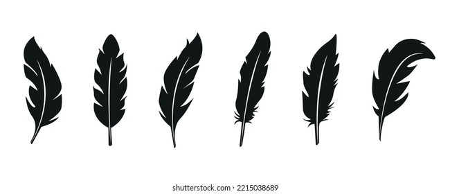 Set of bird feather black silhouettes. Plumelet collection. Vector of black feather, isolated on white background