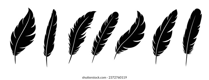 Set of Bird Feather. Feather black silhouettes. Сollection of pen icon. 